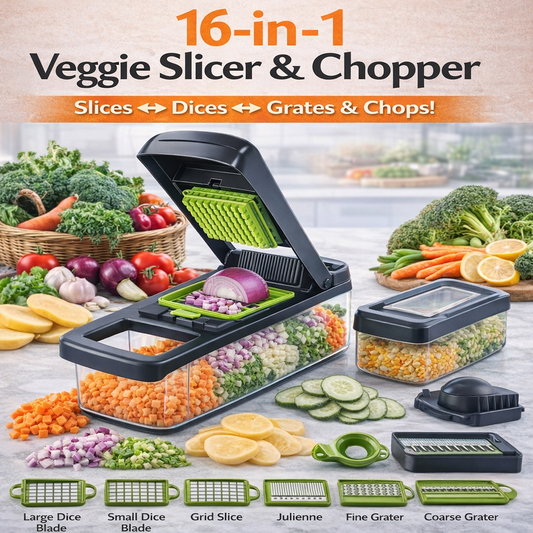 16-in-1 Vegetable Chopper, Slicer & Dicer with Container | Multi-Function Kitchen Food Cutter