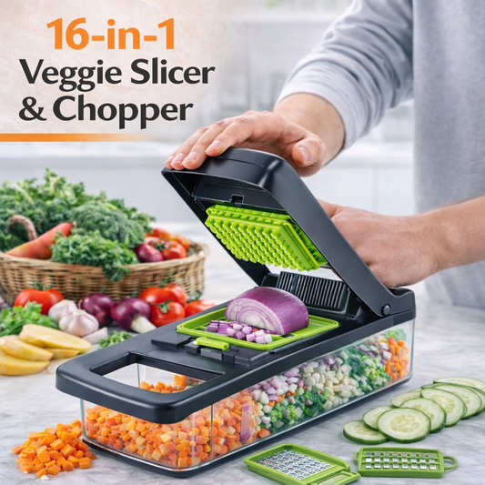 16-in-1 Vegetable Chopper, Slicer & Dicer with Container | Multi-Function Kitchen Food Cutter